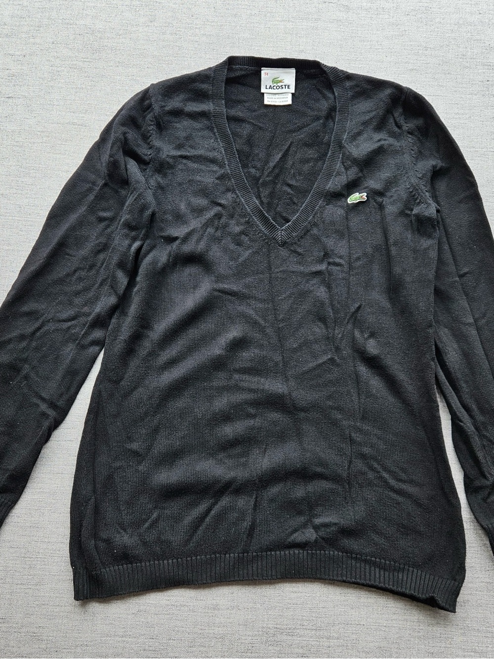 Lacoste Black V-Neck Sweater with Green Croc Logo